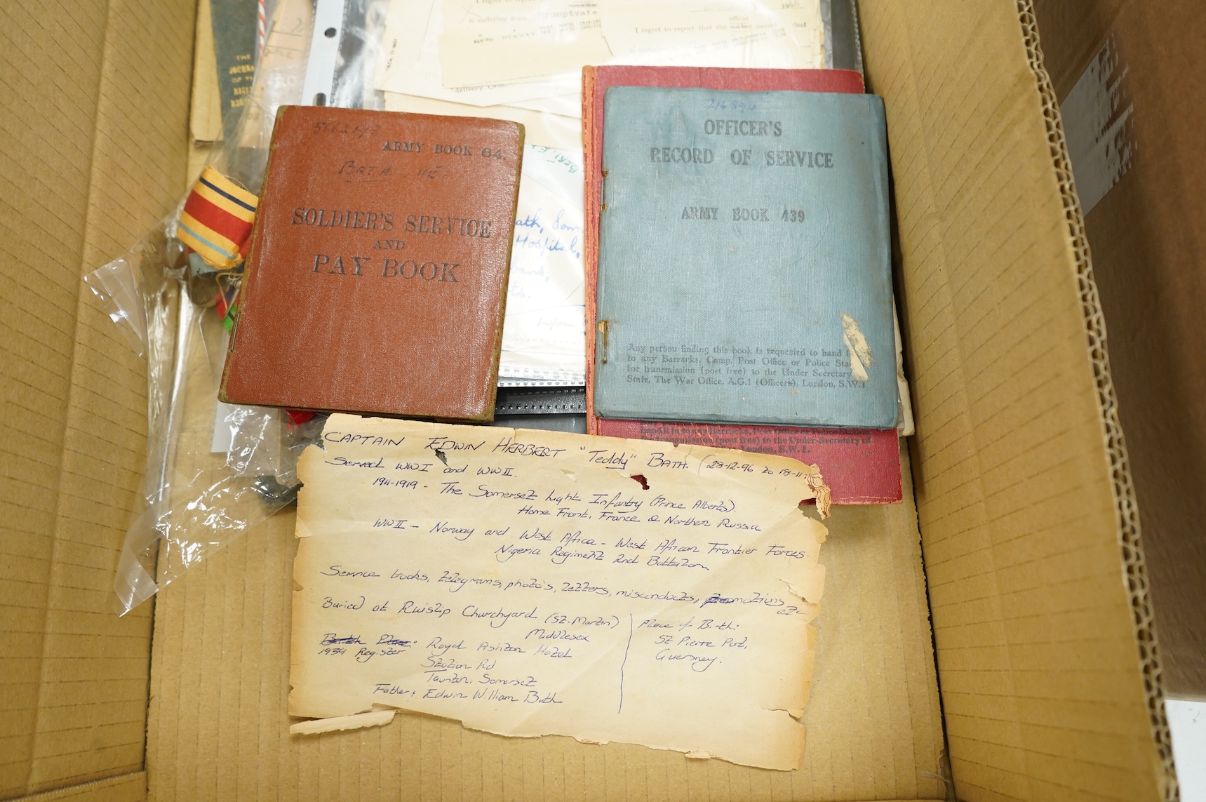 An archive of medals, papers and photographs, mainly relating to Captain Edwin Herbert ‘Teddy’ Bath, of the Somerset Light Infantry (Prince Albert’s), comprising of; four WWII medals including the Africa star and the 193